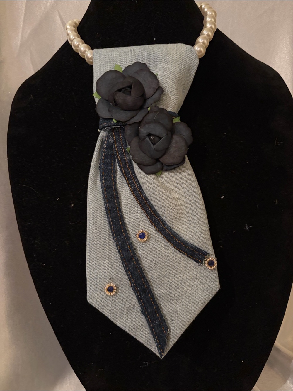 Light Blue Denim Necklsce Tie with Navy Blue Floral Accent